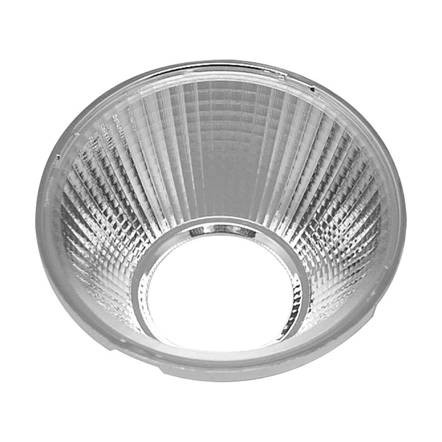 Fiji Lens 50mm 24 Degree in chrome, a round ribbed reflector optic for a track spotlight, shown against a plain white background.
