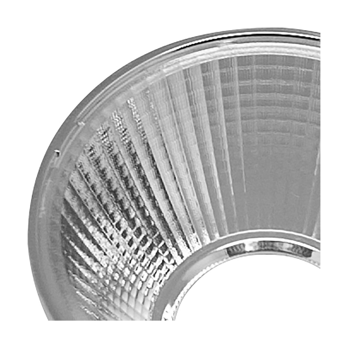 Fiji Lens 50mm 24 Degree in chrome finish, close-up of the round reflector cup with ridged faceted interior for a downlight fitting, shown on a plain white background.