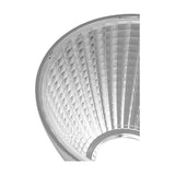 Close-up of the Fiji Lens 75mm 15 Degree in chrome, showing its faceted reflector interior and shallow round profile against a white background.