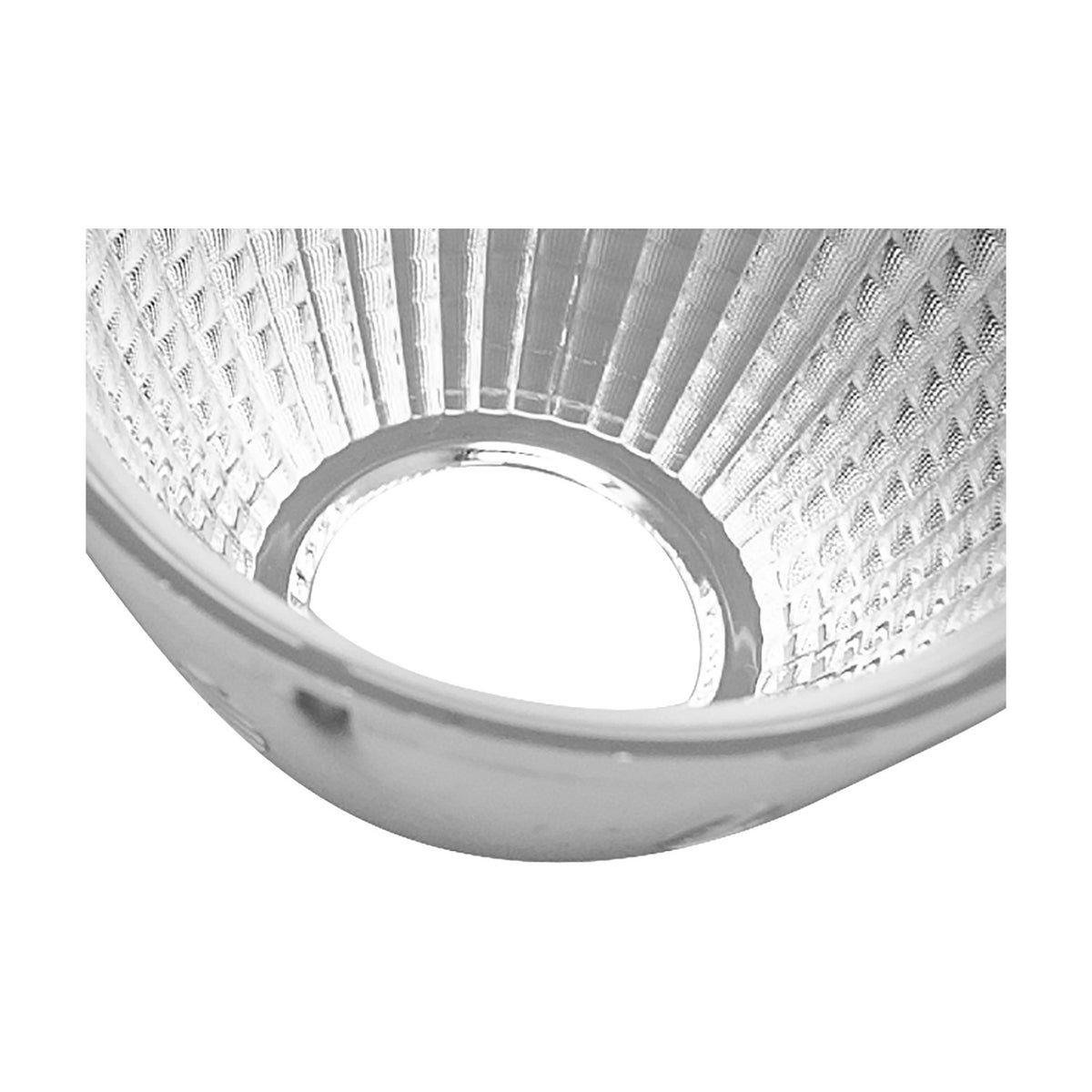 Close-up of the Fiji Lens 75mm 15 Degree in chrome, showing the textured reflector interior and rounded rim of this small round optical lens accessory for track spotlights.