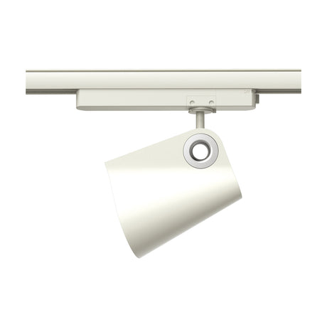 Ipsilon Track Light 35W 3000K 23cm in white, a cylindrical aluminium track spotlight head with a rotating grey lens ring, shown mounted on a track rail against a plain white background.