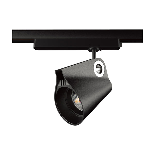 Ipsilon single-head track light in black aluminium with a small round lens, mounted on a black track rail, shown on a plain white background.