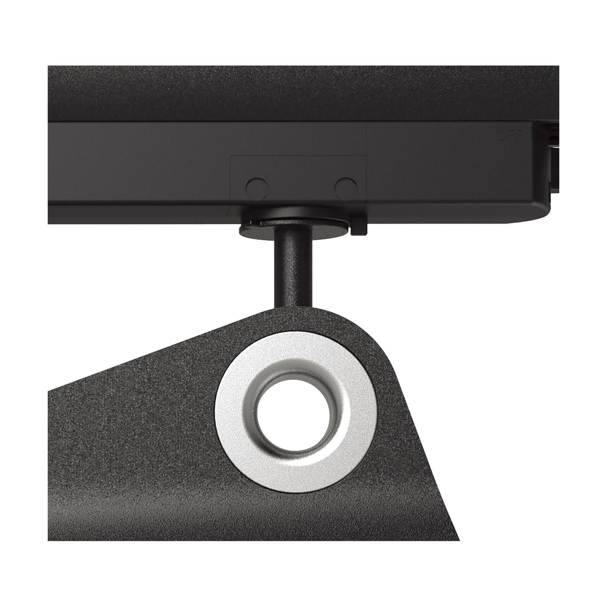 Close-up of the Ipsilon Track Light in black aluminium, showing the angled head with a round lens and mounting rod connecting to the track base, on a plain white background.