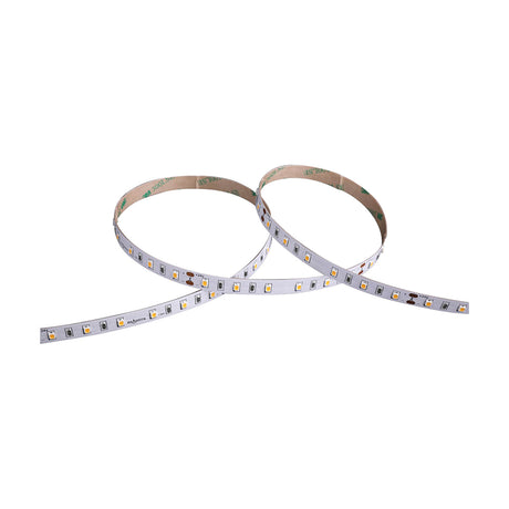 9.6W LED strip light, 5m white flexible tape with warm white 3000K diodes and adhesive backing, coiled on a plain white background.