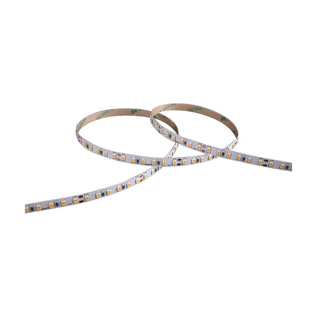 14.4W LED Strip Light, 5m white flexible reel loosely coiled showing warm white 3000K LEDs on a slim white board, shown on a plain white background.