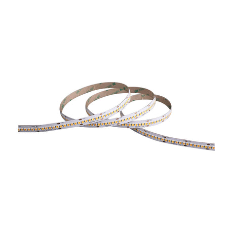 19.2W LED strip light, 5m white tape reel with dense integrated LEDs, warm 3000K, coiled on a plain white background, adhesive backing visible.