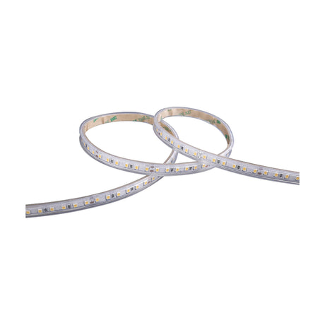 Coiled 14.4W IP65 LED strip light with adhesive backing and closely spaced warm white 3000K diodes, shown on a plain white background.