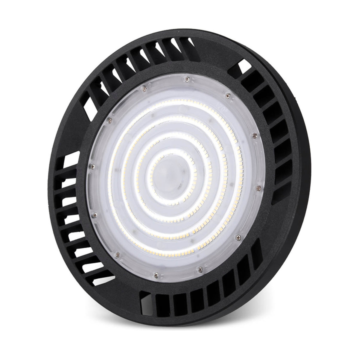 Urano UFO-style LED downlight in black aluminium, 26cm round body with vented edge and concentric ring lens, 150W 5000K daylight, IP65, on a plain white background.
