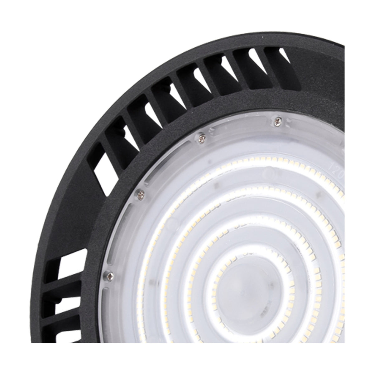 Close-up of the Urano IP65 UFO downlight in black, 26cm aluminium body with vented rim and integrated LED rings behind a clear lens, 150W 5000K daylight, on a white background.