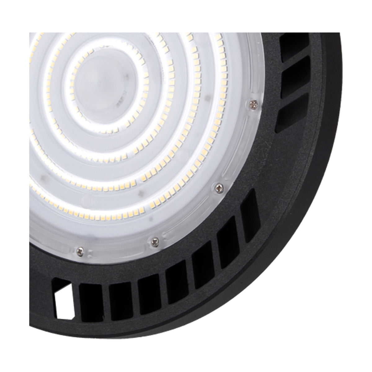 Close-up of the Urano IP65 Downlight, a round black 26cm UFO-style fixture with concentric LED rings, integrated 150W daylight LED, vented aluminium housing and visible mounting screws.