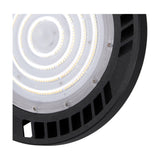 Close-up of the Urano IP65 Downlight, a round black 26cm UFO-style fixture with concentric LED rings, integrated 150W daylight LED, vented aluminium housing and visible mounting screws.