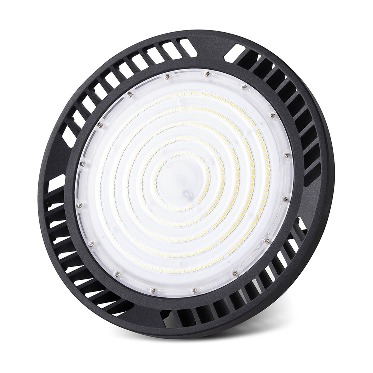 Urano IP65 Downlight 200W 5000K 30cm, round black aluminium high bay fitting with integrated LED and vented housing, shown at an angle on a plain white background.