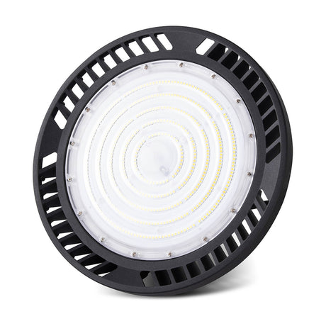 Urano IP65 Downlight 200W 5000K 30cm, round black aluminium high bay fitting with integrated LED and vented housing, shown at an angle on a plain white background.