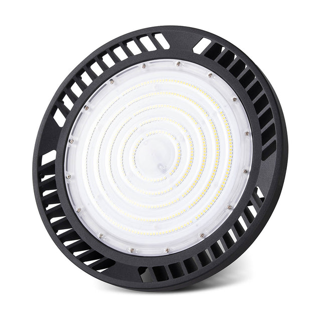 Urano IP65 Downlight 200W 5000K 30cm, round black aluminium high bay fitting with integrated LED and vented housing, shown at an angle on a plain white background.