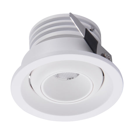 Neptuno Recessed Spotlight in white aluminium, 50mm trim with adjustable swivel head and integrated LED, 3W, 4000K, shown against a plain white background.
