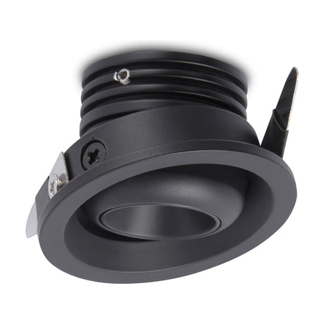Neptuno Recessed Spotlight 3W 3000K 50mm in black aluminium, shown at an angle with round adjustable head, spring clips, and connecting wires on a plain white background.