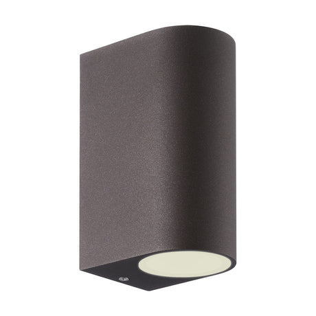 Kandanchu 2 Light Round Outdoor Wall Light in rust brown aluminium, curved cylindrical body with visible GU10 lamp lens at base, shown on a plain white background.