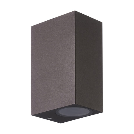Kandanchu 2 Light IP54 outdoor wall light in rust brown, a rectangular aluminium fixture with a downlight lens on a plain white background.