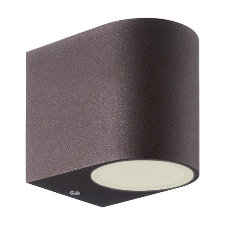 Kandanchu round outdoor wall light in rust brown aluminium with a curved profile and glass diffuser over a single GU10 downlight, shown on a white background.