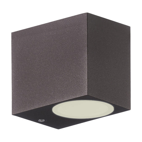 Kandanchu IP54 outdoor wall light in rust brown, cuboid aluminium body with frosted glass oval diffuser on the underside, GU10 fitting, shown on a plain white background.