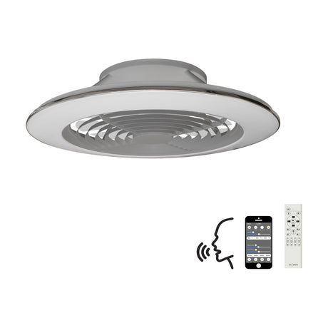 Alisio 73.5cm ceiling fan with integrated LED light in silver, round design with white diffuser, angled fan blades, shown with smartphone and remote control on a white background.