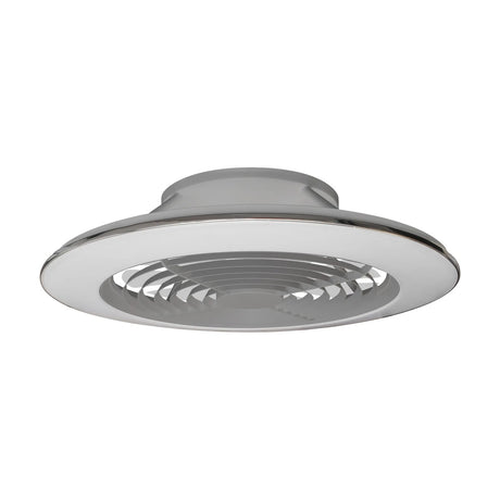 Alisio 73.5cm ceiling fan with integrated LED light, round silver and white housing with angled fan blades, shown on a plain white background.
