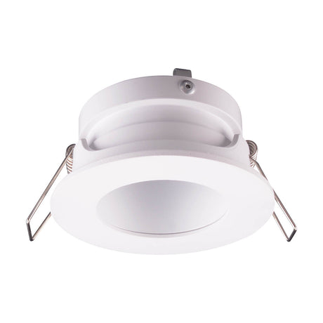 Guincho recessed downlight in sand white with round aluminium trim, 70mm cut-out, GU10 lampholder fitted, spring clips visible, on a plain white background.