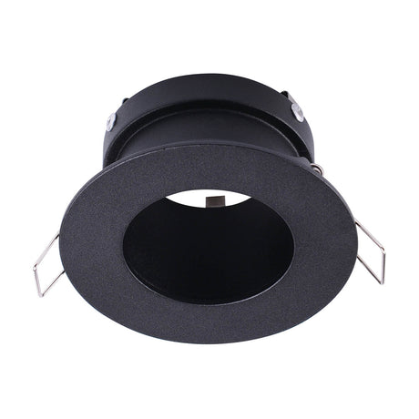 Guincho GU10 downlight in sand black aluminium with round bezel, 70mm cut-out, spring clips and fitted lampholder, shown on a white background.