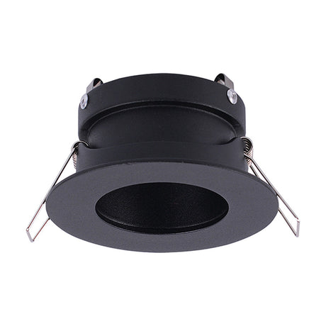 Guincho Downlight in sand black aluminium, showing the round 85mm bezel, recessed centre, and spring clips for a 70mm cut-out, on a plain white background.