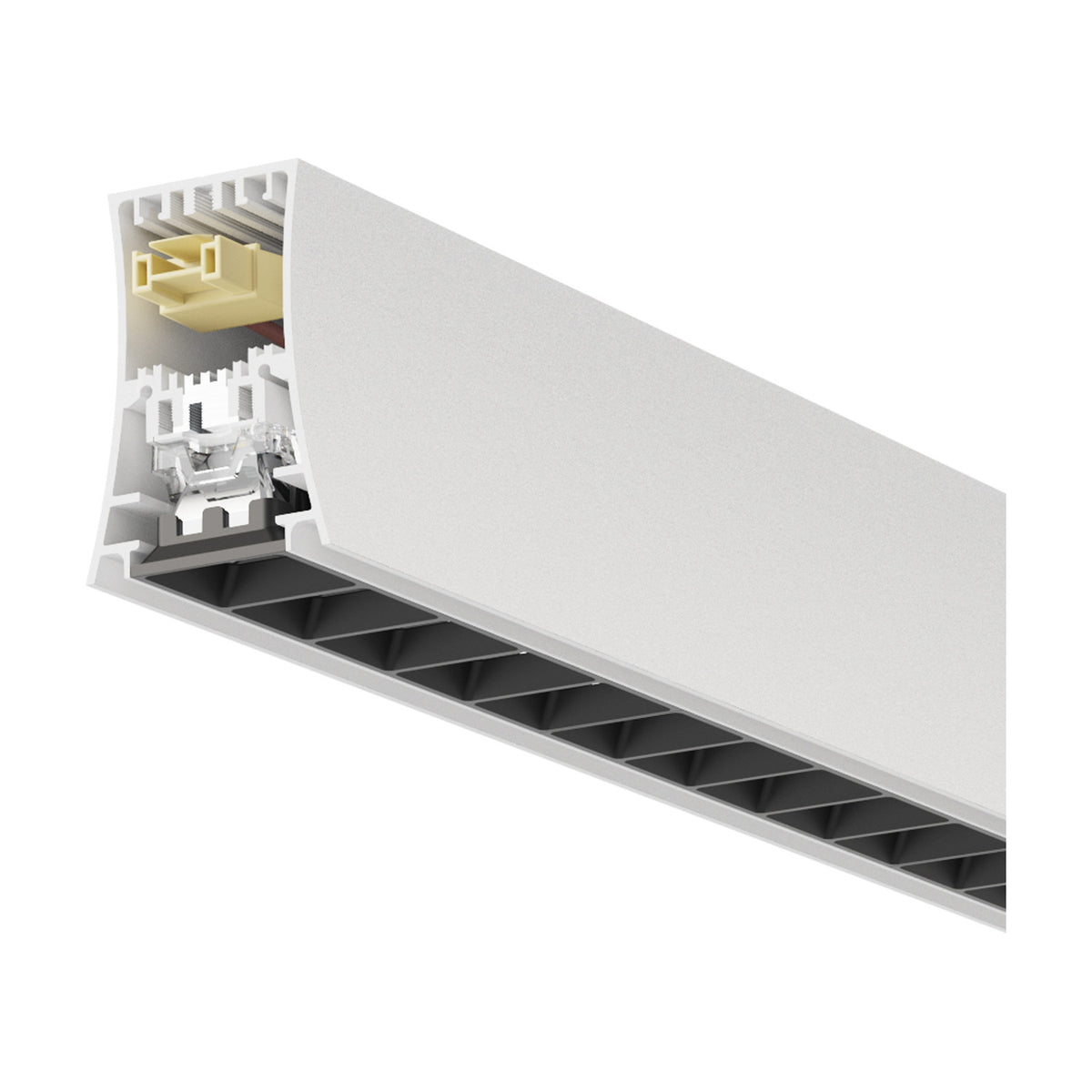 Cutaway view of the Hanok LED Module 38W 4000K 48mm in white, showing the aluminium profile, integrated LED strip, diffuser fins, and internal wiring connector on a white background.