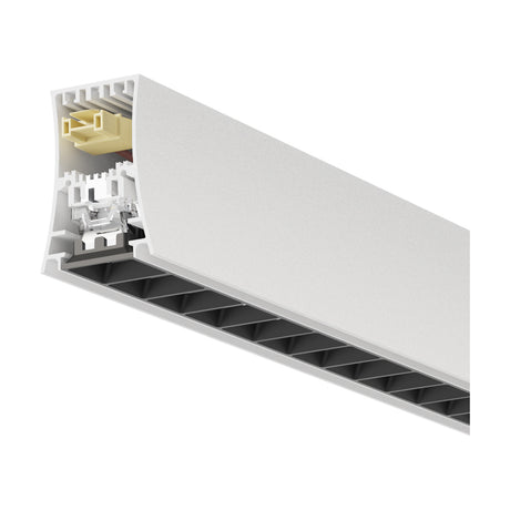 Cutaway view of the Hanok LED Module 38W 4000K 48mm in white, showing the aluminium profile, integrated LED strip, diffuser fins, and internal wiring connector on a white background.