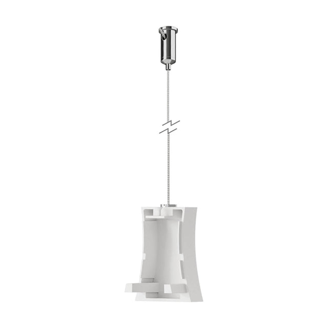 Hanok Side Cover pendant light accessory in white, aluminium construction with layered geometric design, shown on a 210cm chrome ceiling wire against a plain white background.