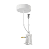 Hanok Side Cover 48mm end cap in white, shown with round ceiling rosette, flex cable, steel suspension wire, and connector block on a plain white background.