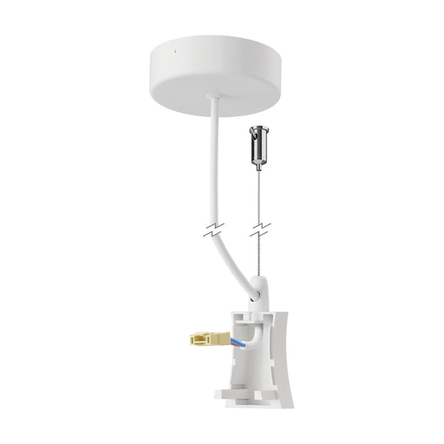 Hanok Side Cover 48mm end cap in white, shown with round ceiling rosette, flex cable, steel suspension wire, and connector block on a plain white background.