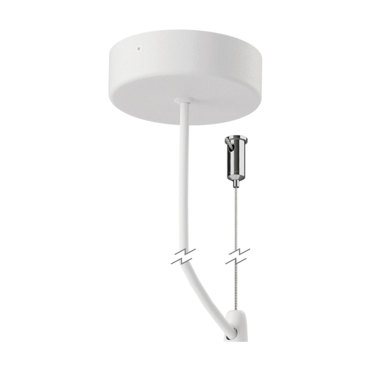 White ceiling rose with flexible cable and chrome cable grip for Hanok Side Cover 48mm Long, shown against a plain white background.