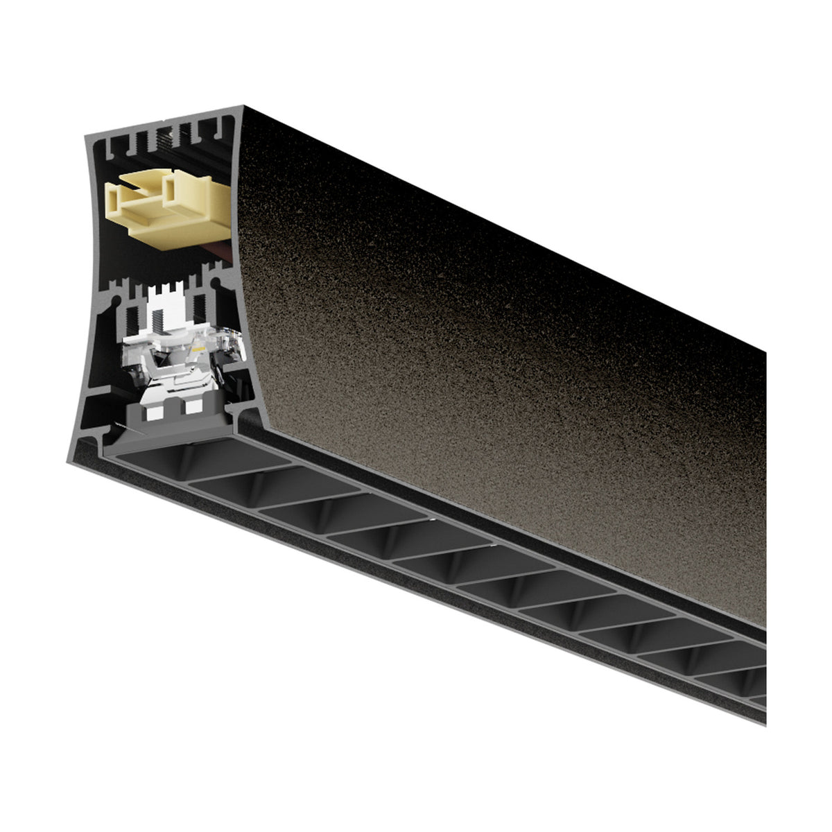 Cutaway view of the Hanok LED Module 38W 4000K 48mm in black aluminium, showing internal connector, driver components, and finned heat sink profile.