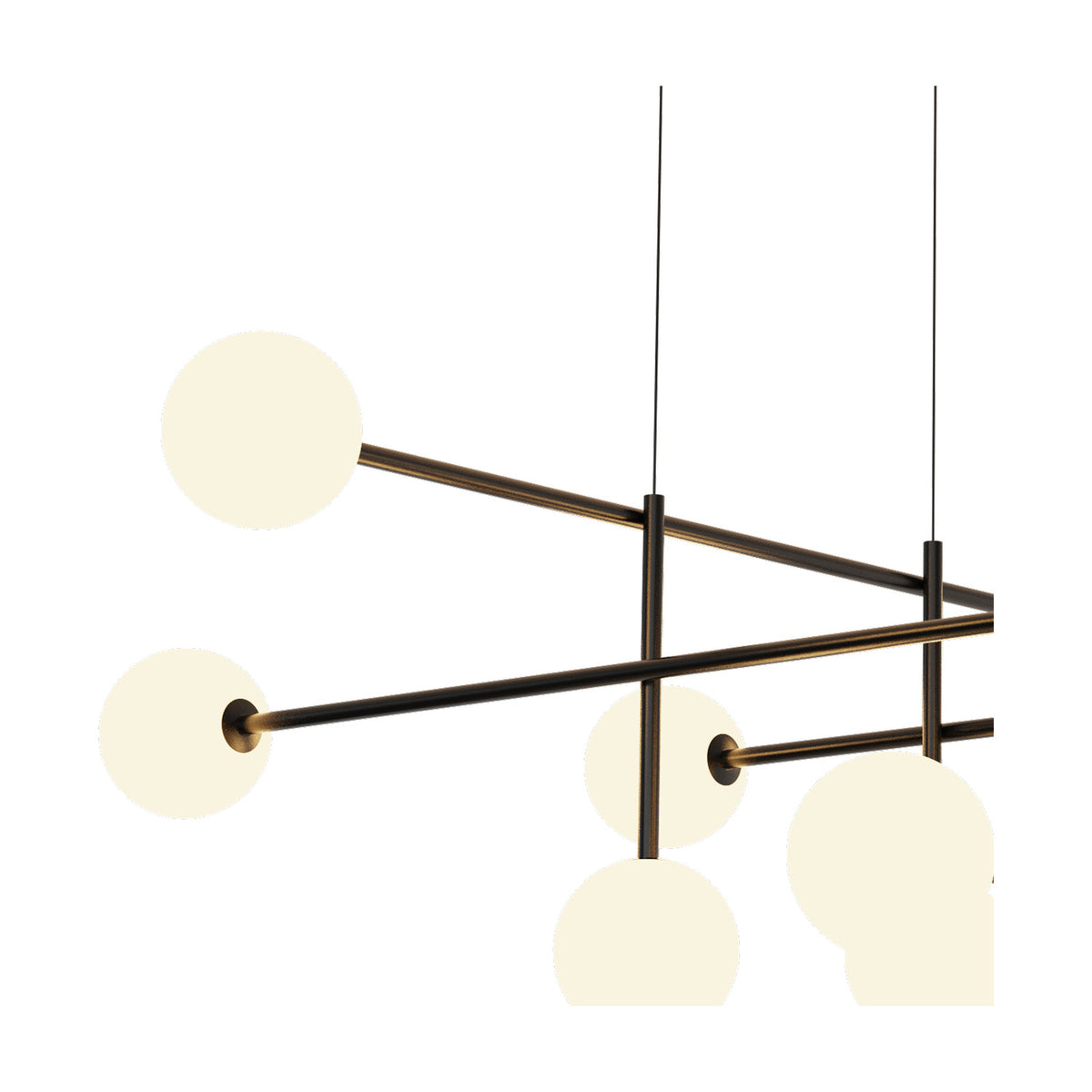 Cellar 11 Light G4 Pendant Light in black, close-up of angled rods and opal white globe shades against a plain white background.