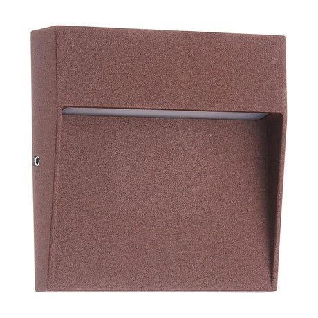 Baker 3W IP54 square outdoor wall light in rust brown aluminium, 10.5cm angled design with a slim horizontal light strip, shown on a plain white background.