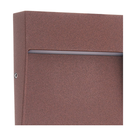 Close-up of the Baker 3W IP54 Square Outdoor Wall Light in rust brown, showing its textured aluminium body and horizontal LED light strip.