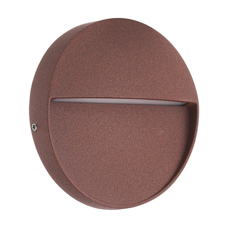 Baker round outdoor wall light, 11cm, rust brown textured aluminium finish with a horizontal light slot, shown at an angle on a plain white background.