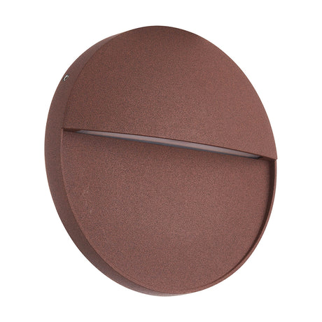 Baker 6W IP54 round outdoor wall light in rust brown, a 16cm textured disc with a slim horizontal light slit, shown on a plain white background.