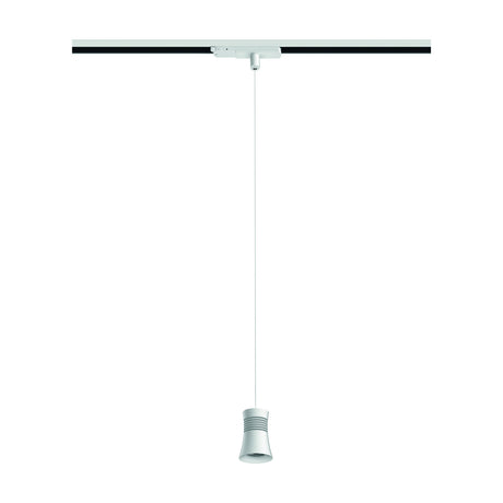 Pagoda Track Light in white, a single pendant with a narrow shaped 14cm shade hung on a long cable from a ceiling track, shown against a plain white background.