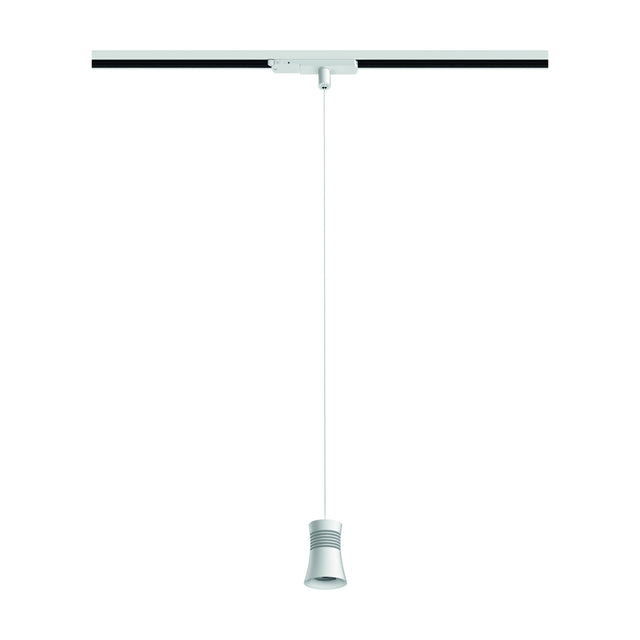 Pagoda Track Light in white, a single pendant with a narrow shaped 14cm shade hung on a long cable from a ceiling track, shown against a plain white background.