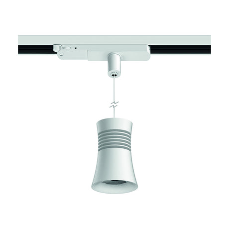 Pagoda Track Light 12.5W 4000K in white, a single pagoda-shaped pendant shade suspended by a thin cable from a white track adaptor, shown on a plain white background.