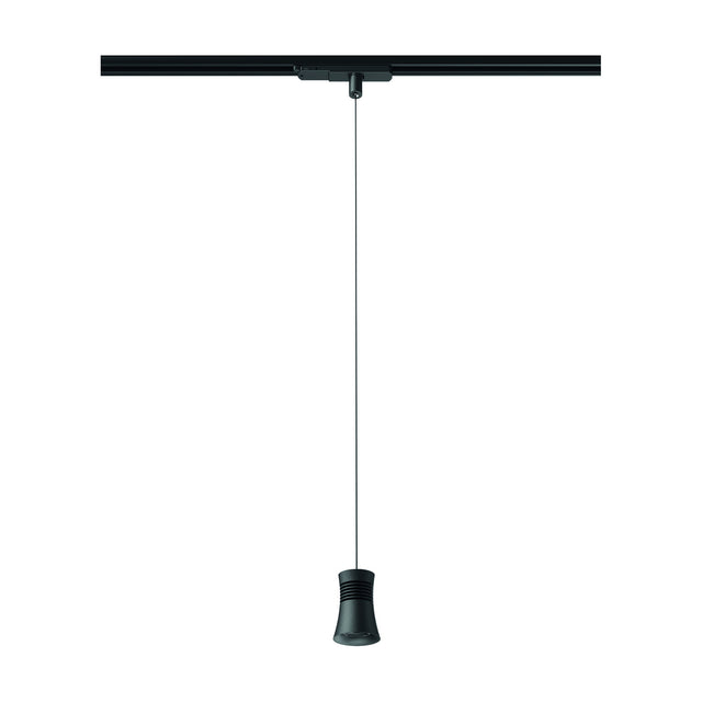 Pagoda Track Light in black, a small 14cm pendant head suspended on a thin cable from a black ceiling track, integrated LED, 12.5W, 4000K, shown on a plain white background.
