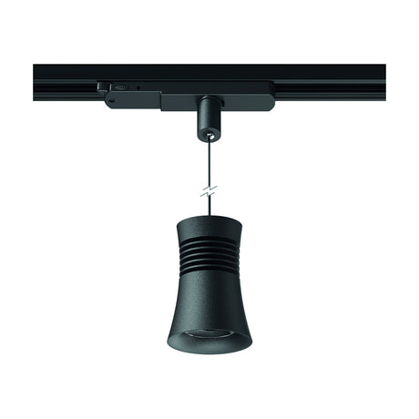 Pagoda Track Light in black, a small pagoda-shaped pendant head with ribbed detailing suspended from a black ceiling track by a thin cable, shown on a plain white background.