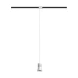 Pagoda GU10 Track Light in white, 85mm tapered shade with stepped profile suspended on a slim cable from a black and white ceiling track, plain white background.