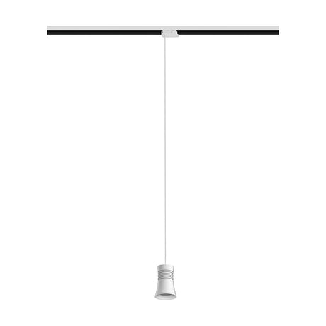 Pagoda GU10 Track Light in white, 85mm tapered shade with stepped profile suspended on a slim cable from a black and white ceiling track, plain white background.