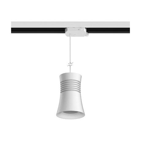 Pagoda GU10 Track Light 85mm in white, a tapered pendant shade with ribbed detail suspended on a slim cord from a black and white ceiling track, shown on a plain white background.