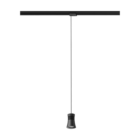 Pagoda GU10 Track Light 85mm in black, a single-light stepped pendant on a long cable from a black ceiling track, shown on a plain white background.